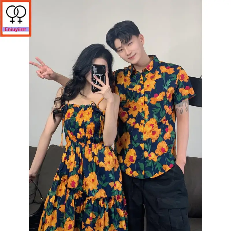 Matching Couple Hoodies Dress Lovers Clothes 2024 Summer Honeymoon Date Holiday Sexy Floral Print Sleeveless Dresses