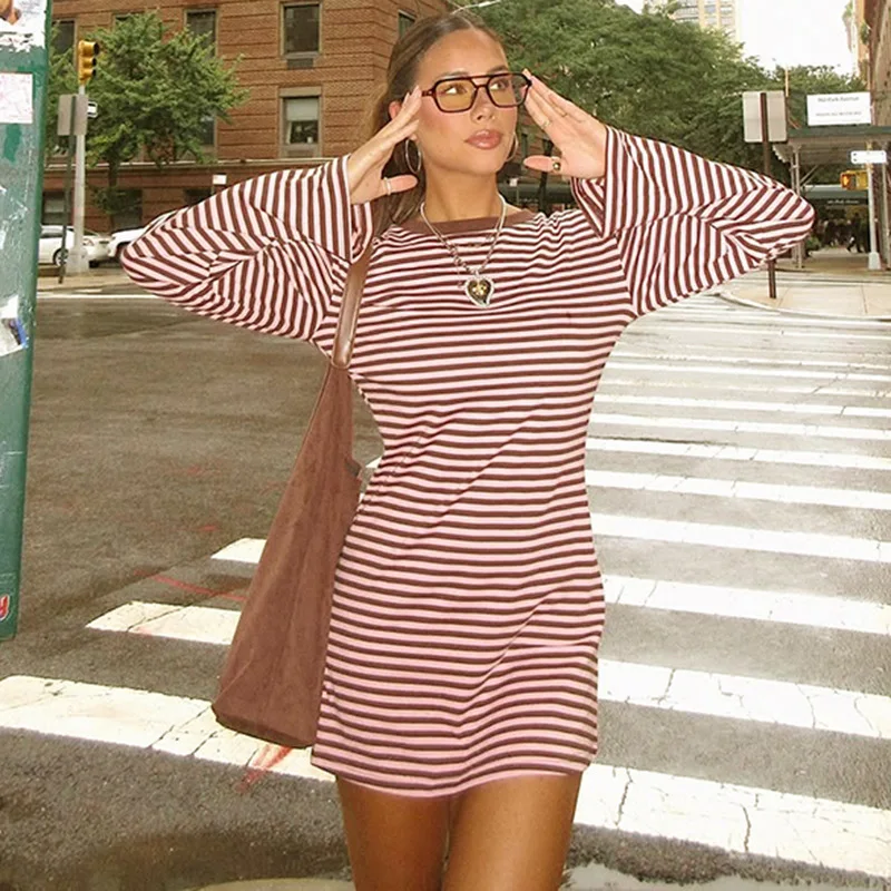 

BKLD Summer And Autumn New Women's Clothing Casual Comfortable Contrasting Color Striped Long Sleeve Rouned Neck Short Dresses