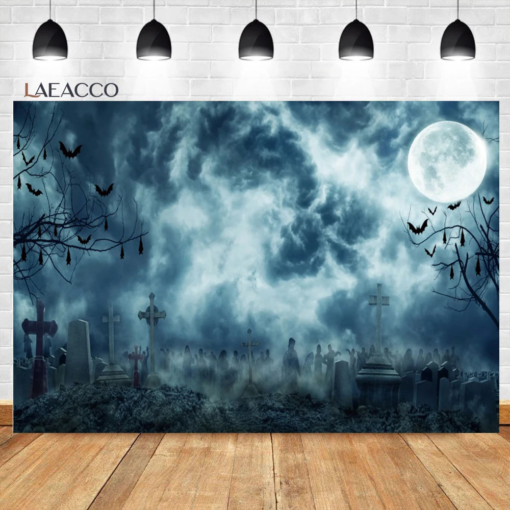 Laeacco Halloween Backdrops for Photography Cemetery Graveyard Horror Night Shining Pale Moon Kids Adults Portrait Background