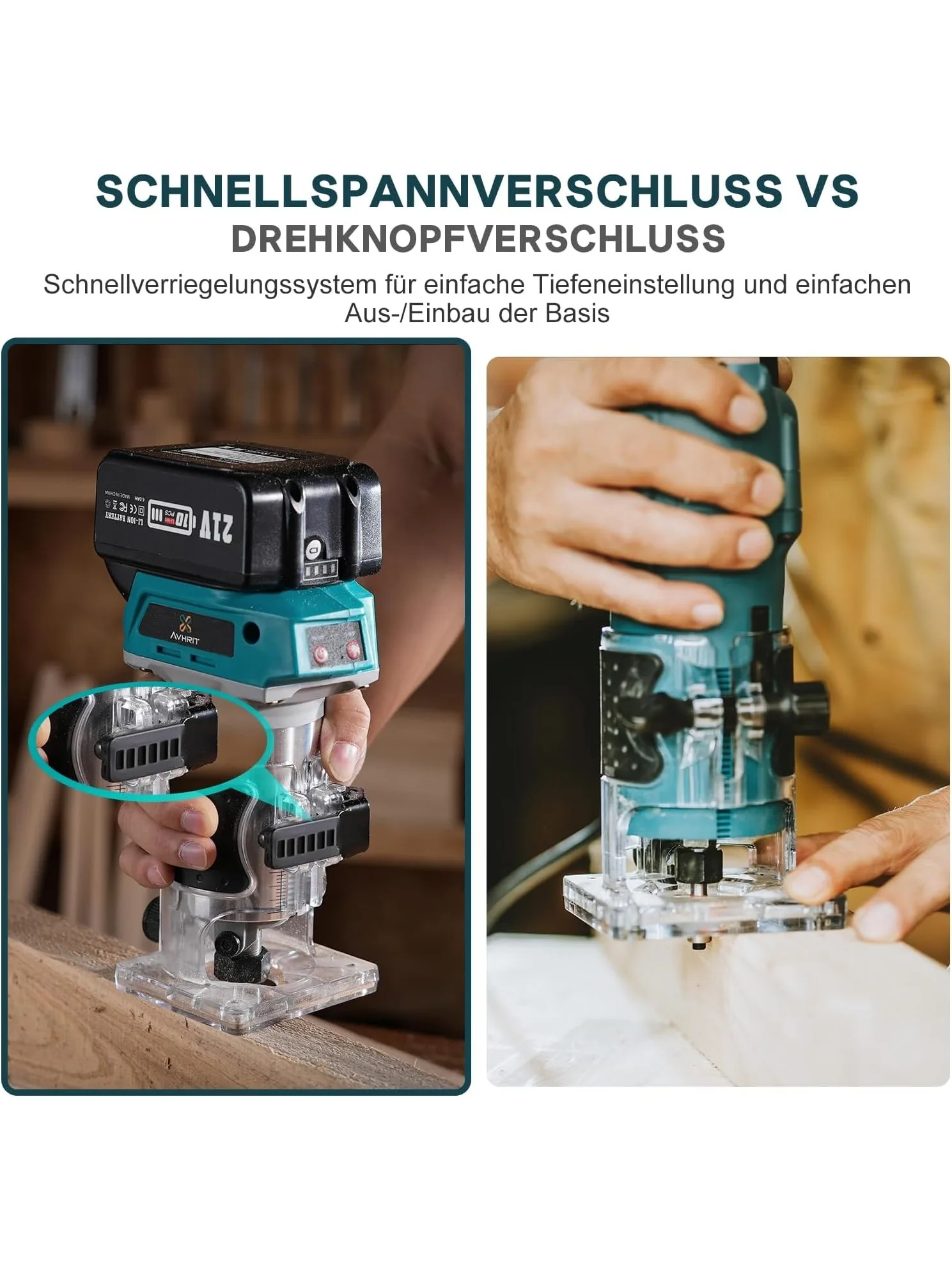 Avhrit Kompakter Holzfräser Akku-Fräsmaschine mit 2 Stück 4,0 Ah 21 V Bürstenlos