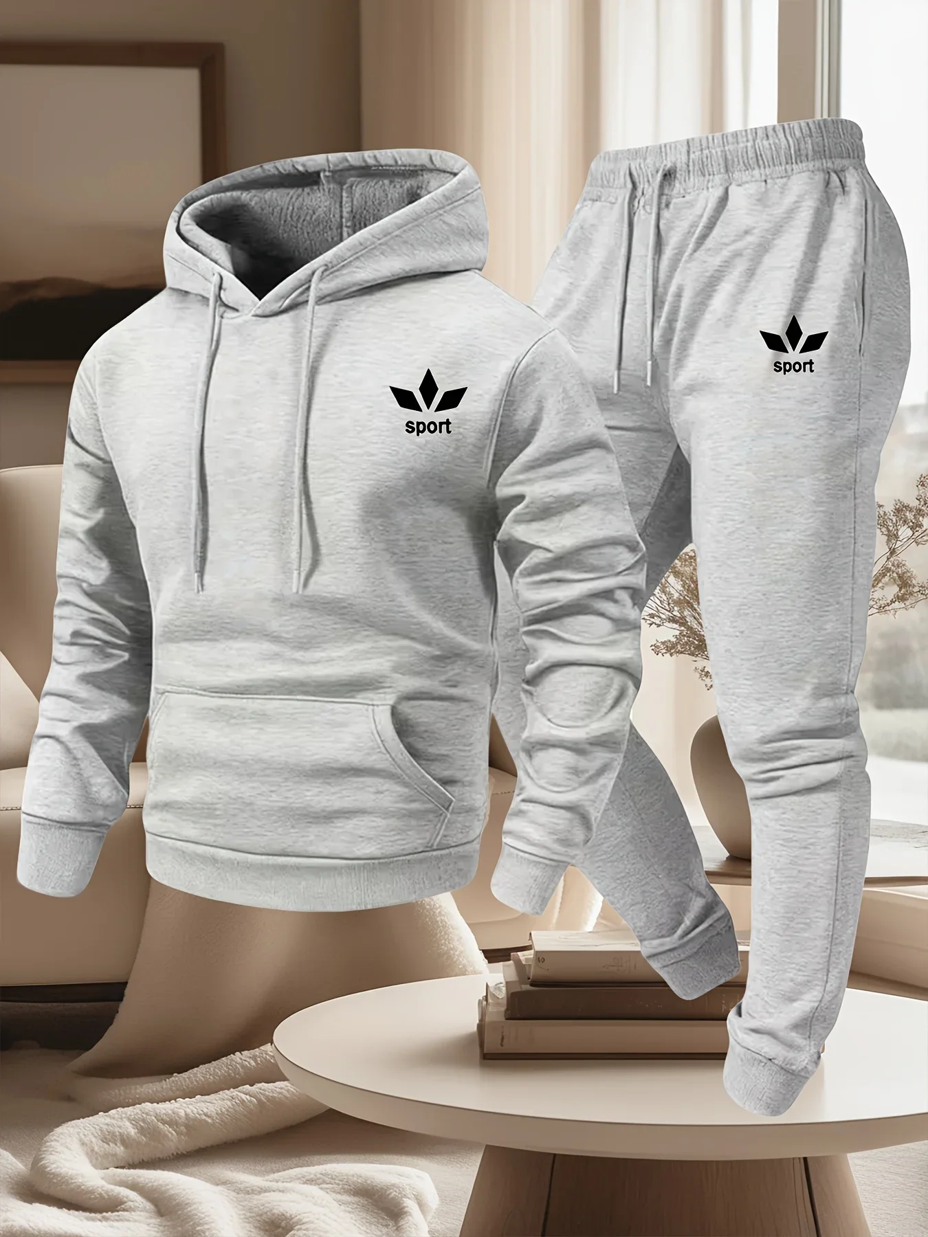 Men Sport Printed Tracksuit 2 Piece Set Warm Lined Drawstring Hoodie Jogger Pants Casual Sports Sweat Outfit For Autumn Winter