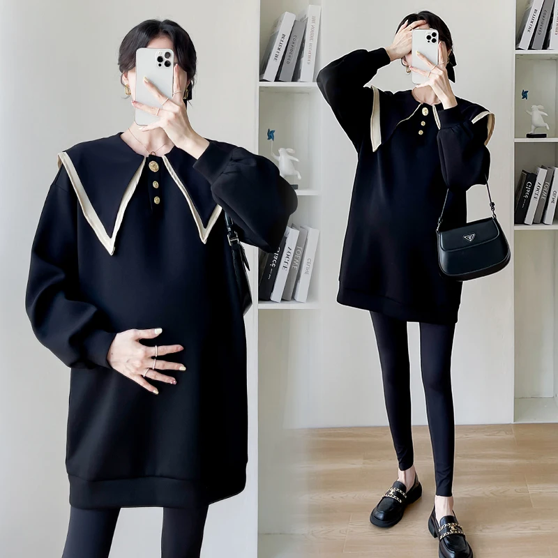 Sweet Autumn Dense Black Maternity Hoodies Oversize Loose Cape Sweatshirts Clothes for Pregnant Women Fashion Pregnancy Tops