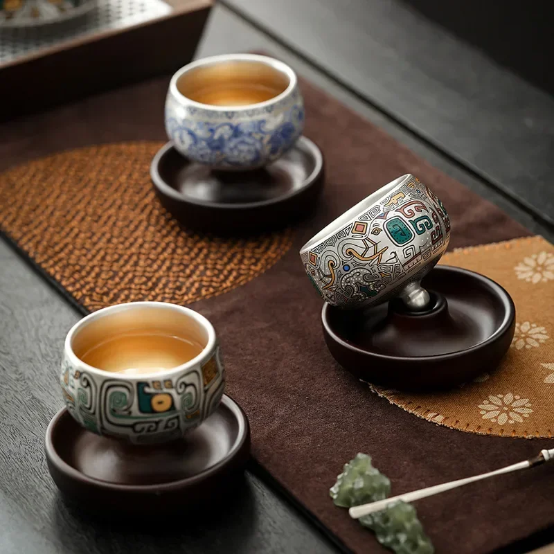 360 Degree Rotatable Silver Gilt Ceramic Tea Set 999 Sterling Silver Tea Cup Single Cup High-end Master Cup