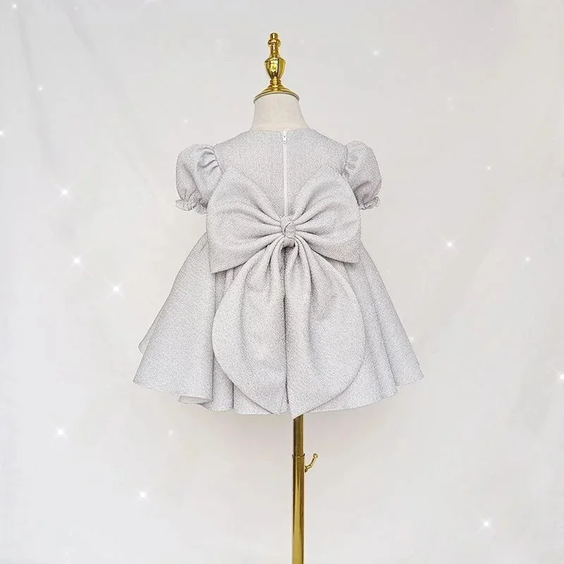 Baby Girl Princess Pearl Bling Dress Puff Sleeve Infant Toddler Teen Vestido Bow Party Pageant Birthday Baby Clothes 1-14Y