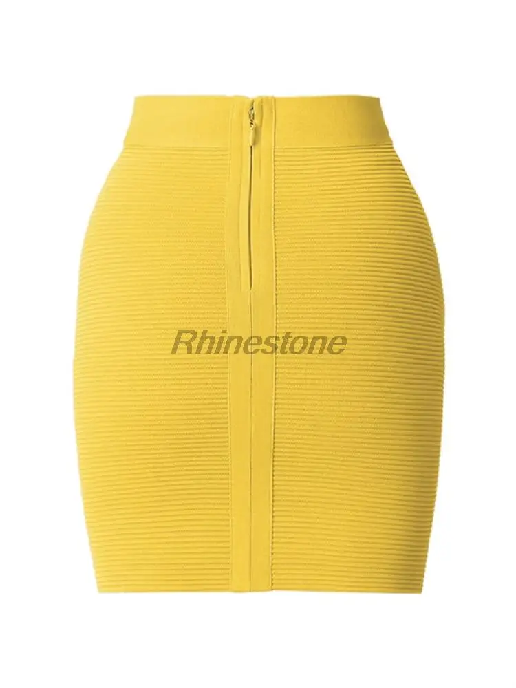 New Yellow Stripe Bandage Half Length Short Skirt European And American Fashion High Waist Elastic Wrap Hip One Step Skirt