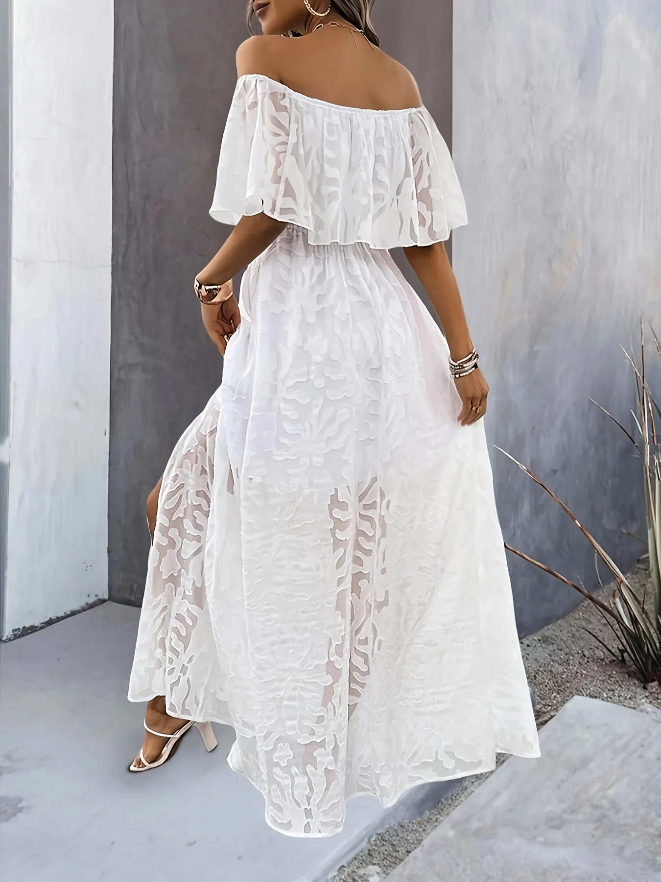 Women Bohemian White Long Dress Short Sleeve Off Shoulder Lace Ruffle Loose Dress Summer Holiday Beach Casual Dresses Female