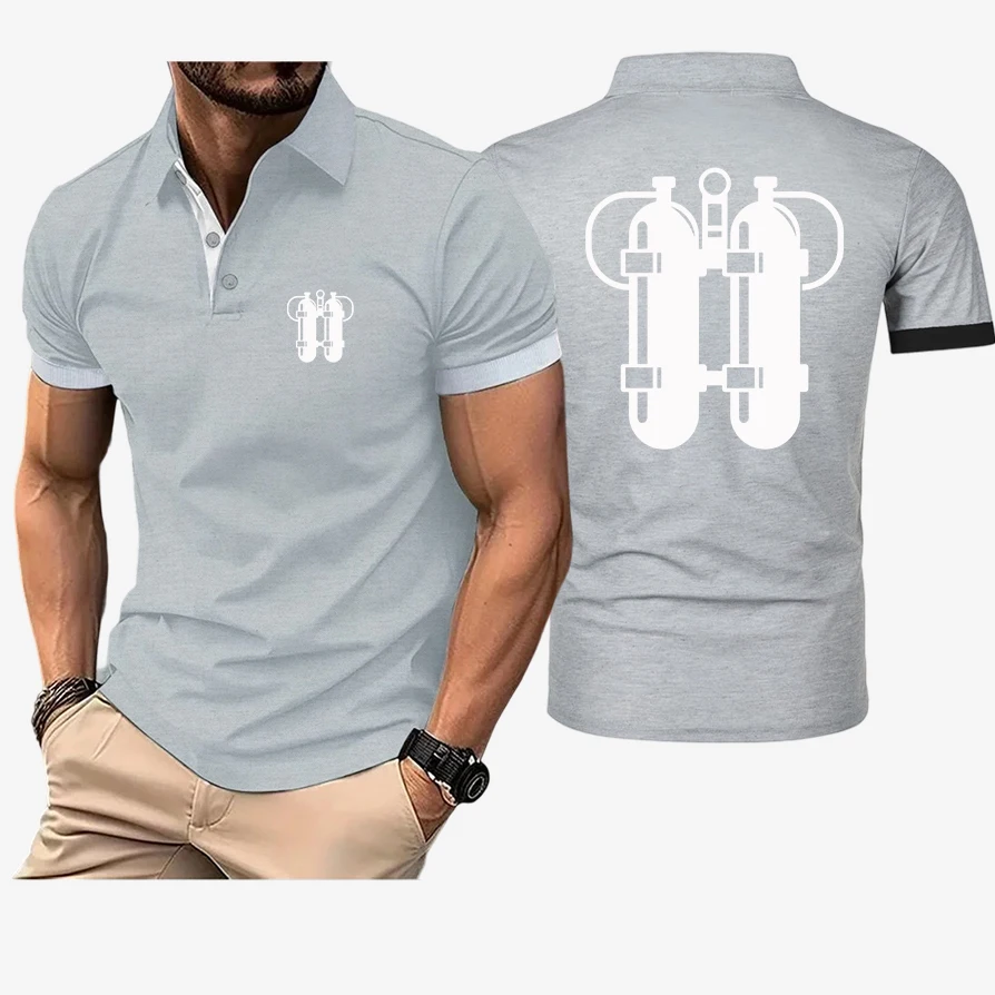 Solid Color Lapel Collar Polo Shirt Scuba Diving Twinset Logo Print 2026 Men's Regular Fit Business Casual Short Sleeve Tops