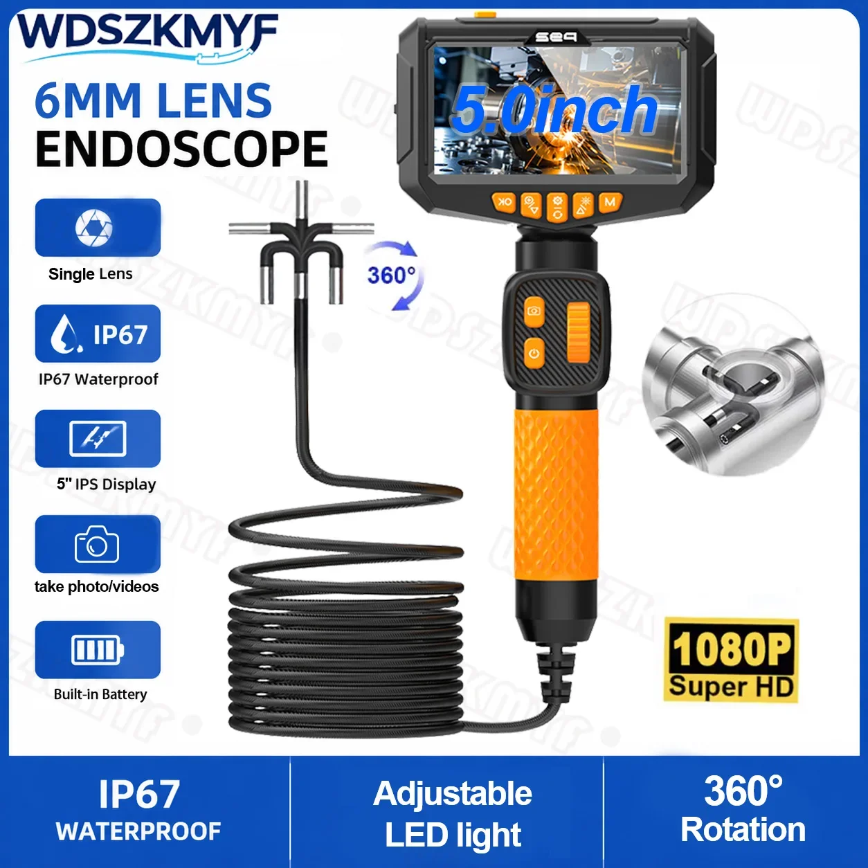 6mm 360 Degree Rotating Endoscope Camera 5 Inch Handheld Screen IP67 Waterproof Industrial Borescope For Automotive Plumbing Rep