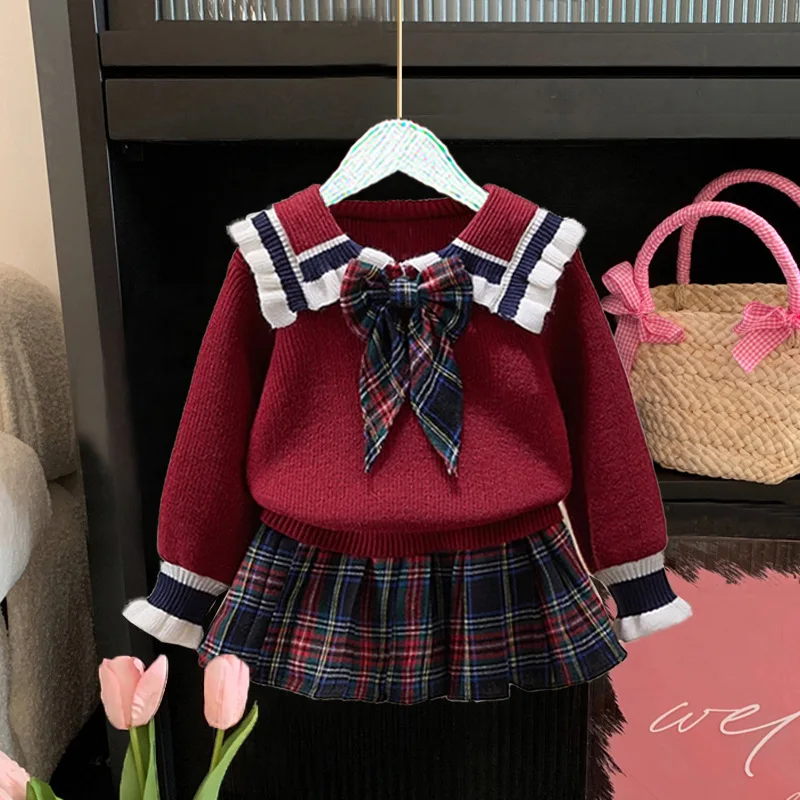 

GirlsjkSuit Autumn New Children's Autumn College Style Red Baby Girl Knitted Two-Piece Sweater