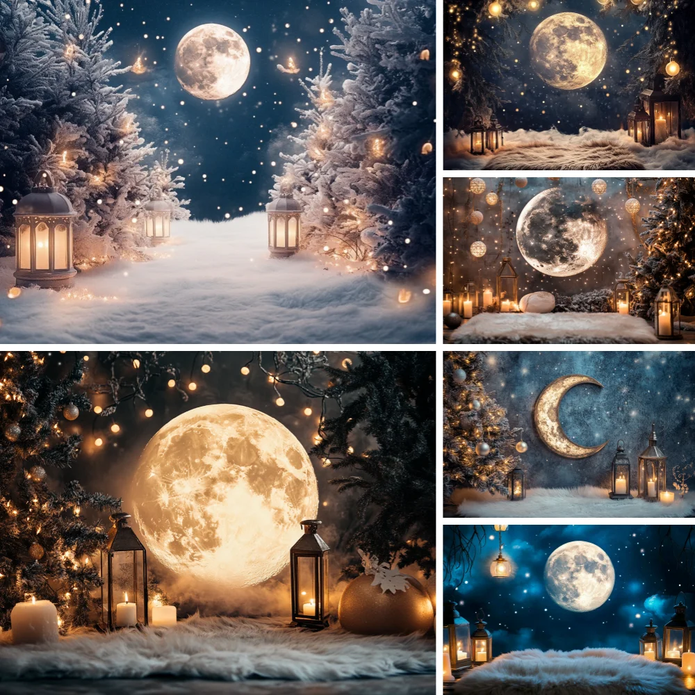 

Winter Christmas Eve Street Background Light Moon Pine Tree Snowy Road Shining Photography Backdrop Banner Kids Portrait Studio