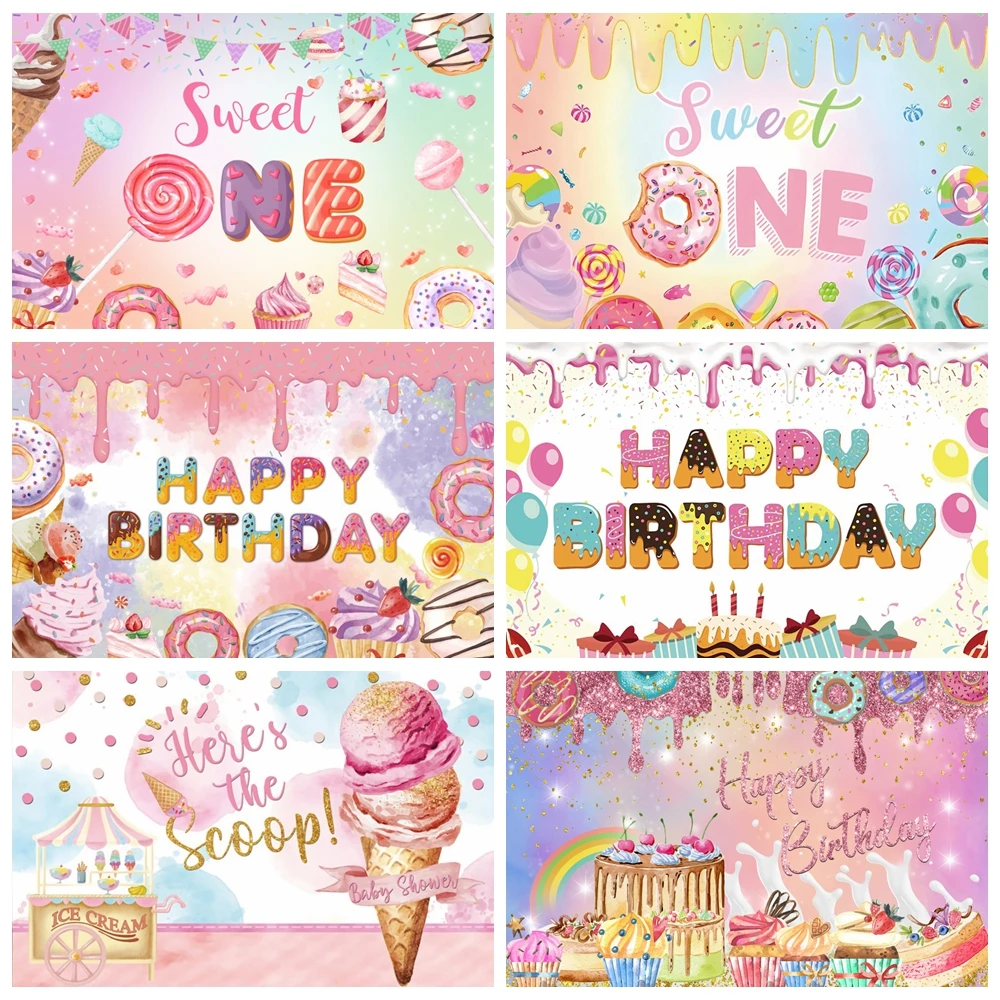 

Candy Bar Shop Theme Backdrop Ice Cream Car Cupcake Lollipop Sweet Baby Birthday Party Photography Background Photo Studio Props