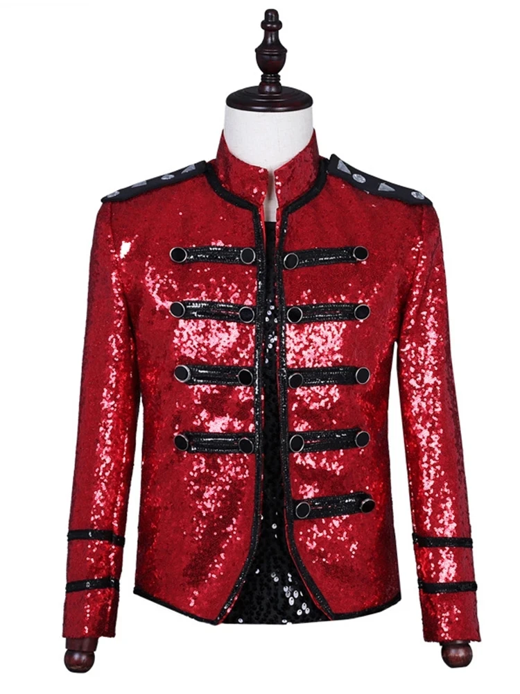 Men\'s Red Sequin Steampunk Military Jacket Double Breasted Punk Gothic Parade Suit Jacket Men Party Singer Show Prom Costume