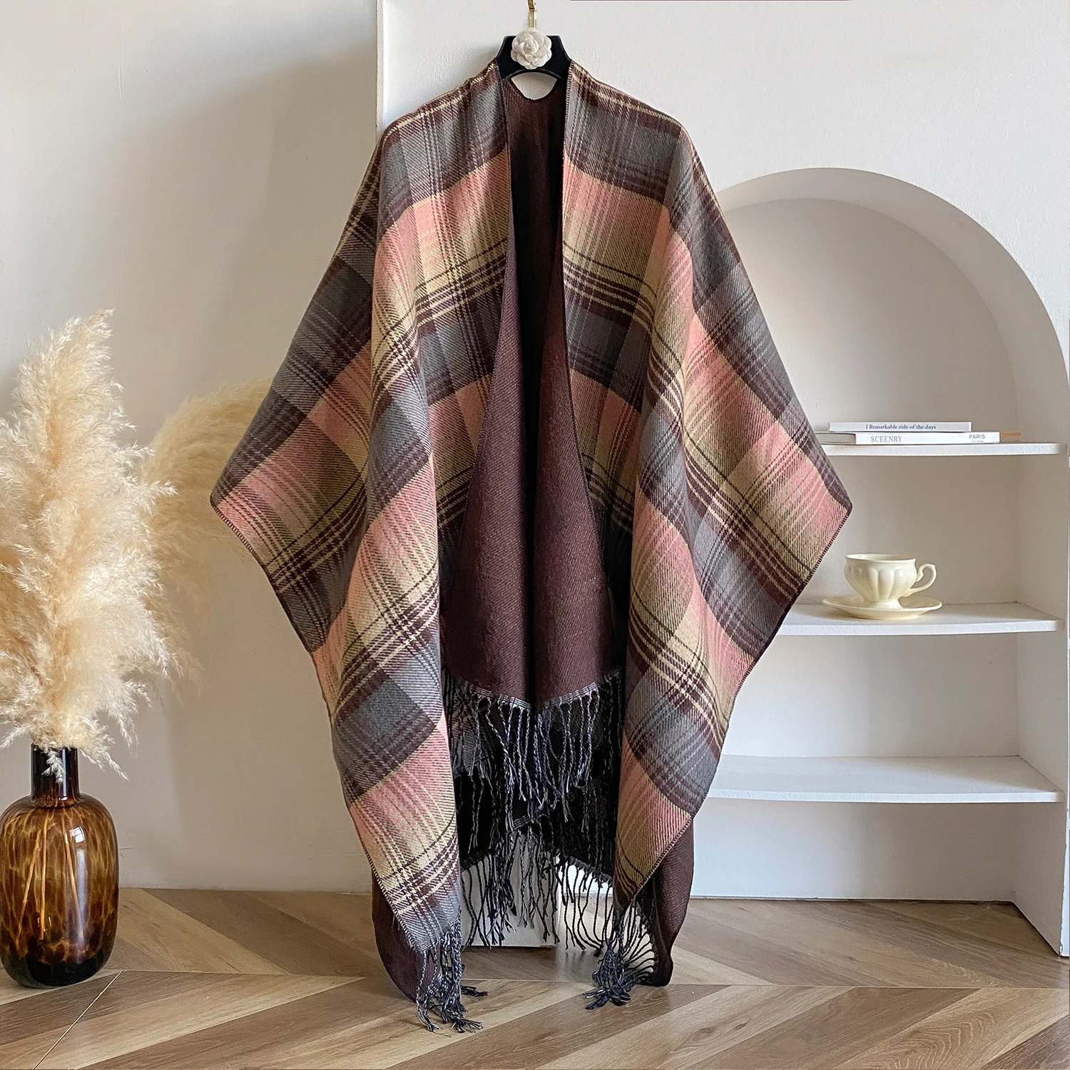 New Design Women Plaid Cashmere Feel Shawl Coat Lady Winter Cape With Retro Cardigan Classic Simple Cloak Soft Large Blanket