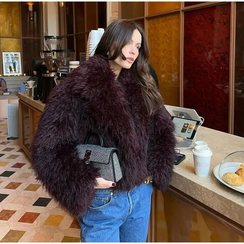 No Hood Pocket Coat Cropped Streetwear with Elegant Shawl Collar European and American Style Regular Sleeve Women Winter Jacket