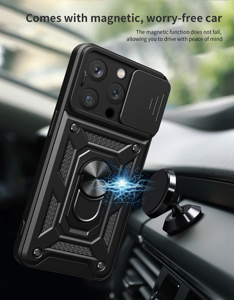 Funda protectora para cámara deslizante para iphone 15 14 13 Mini 12 11 Pro Max X XS 8 7 6S 6 Plus SE2 SE3, funda trasera con anillo de soporte magnético para coche