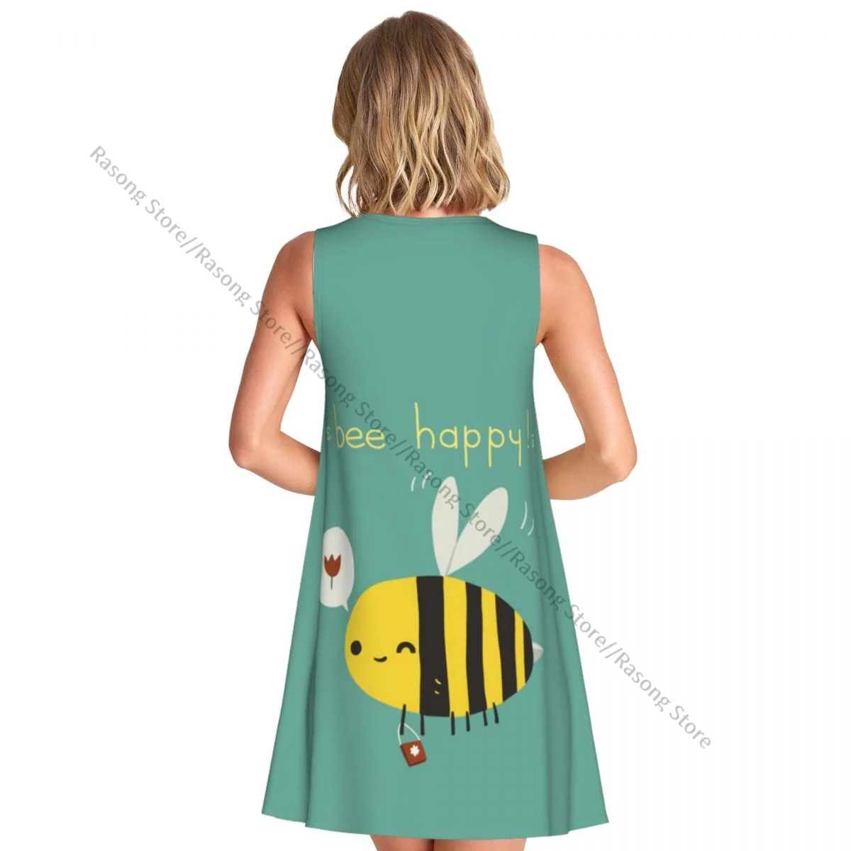 Women's Dress Cartoon Bee Pattern Summer Casual T Shirt Beach Cover up Tank Dress
