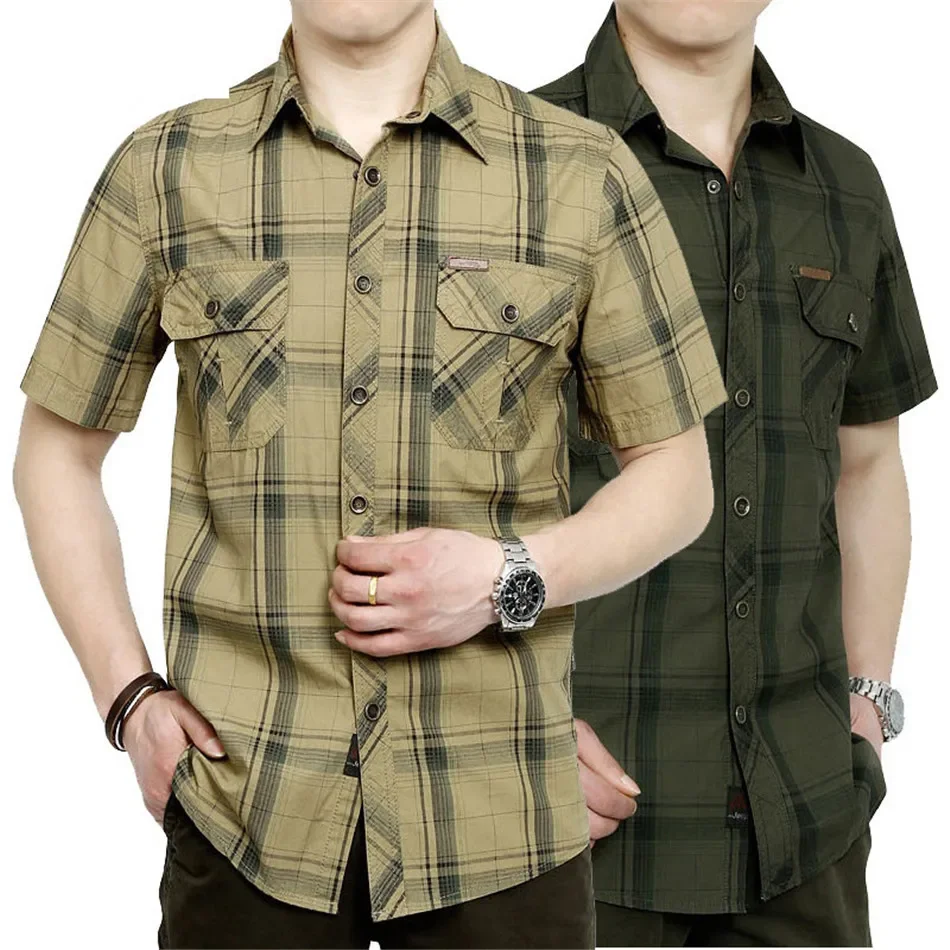 Outdoor Summer Hiking Camping Short Sleeved Shirt Grid Pattern Loose Large Size Cotton Tactical Casual Shirt With Chest Pocket