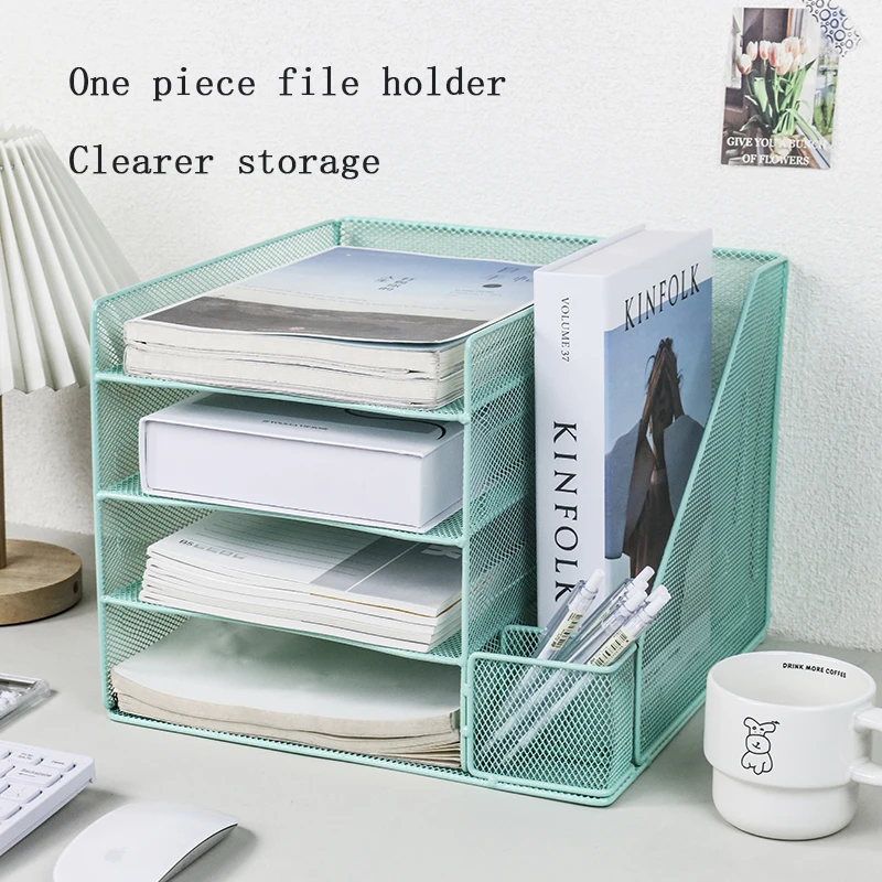 Paper letter tray storage box with bookend, 4-layer desktop accessories and work space storage box, desk storage