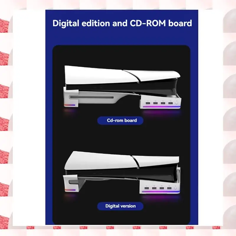 

ABGN For PS5 Slim/Pro Stand With Light Modes 4 USB Hubs Enhanced Storage & Display White