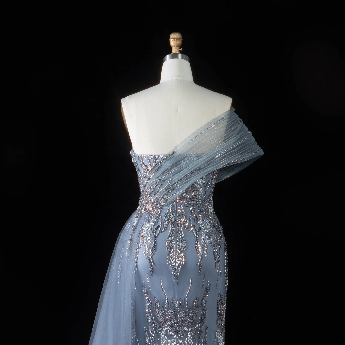Sharon Said Luxuriöses Champagnerfarbenes One-Shoulder-Abendkleid mit Perlen und Tüllschleppe, Partykleid für Damen SS136, Maßanfertigung – Detail 19