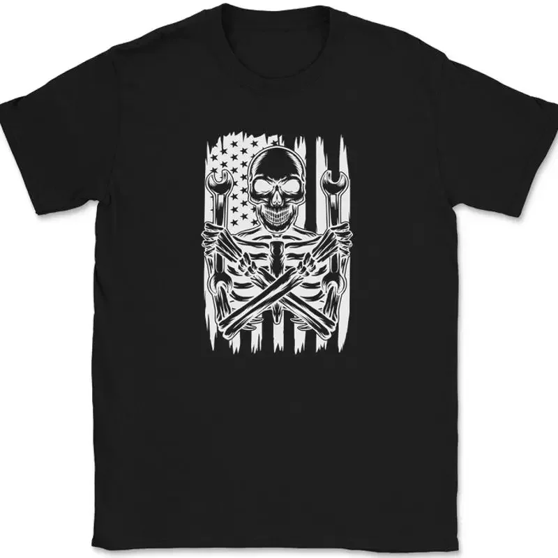USA Skull Mechanic T-Shirt America Skeleton Fixer Handy Man Gift Tee