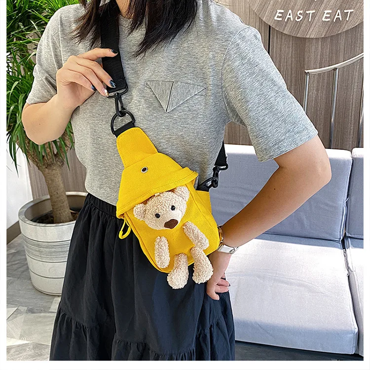 Kawaii Bear Canvas Chest Bag Fun Design Korean Style Men Women Shoulder Bag Cute Cartoon Plush Doll Mini Crossbody Bag Kids Gift