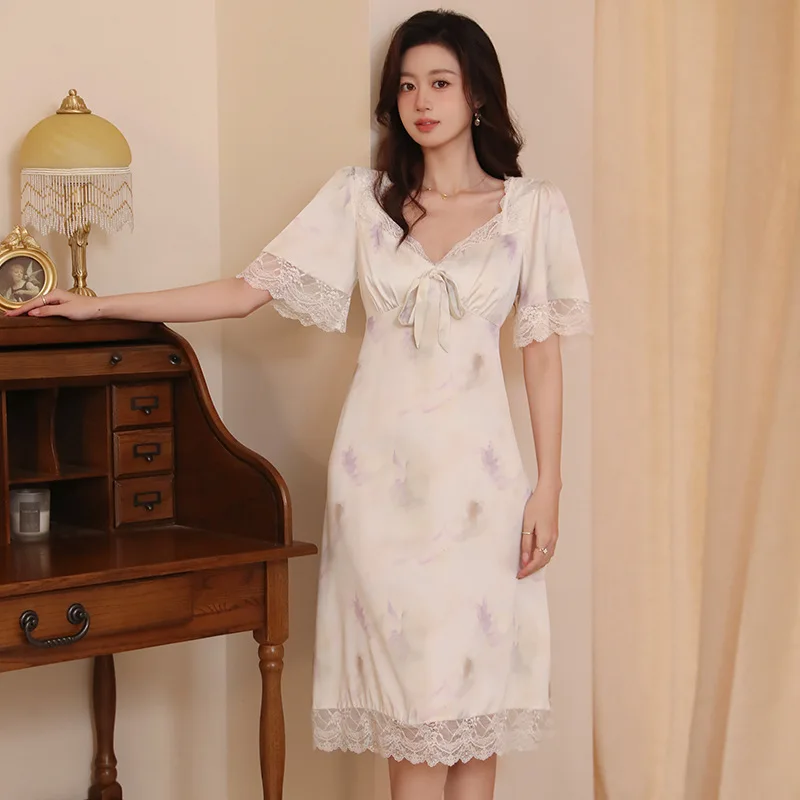 French Court-style V-Neck Nightgowns Ice Silk Short-sleeved Lace Print Lady Elegant Goddess Sweet Sleep Dress Satin Sleepwear