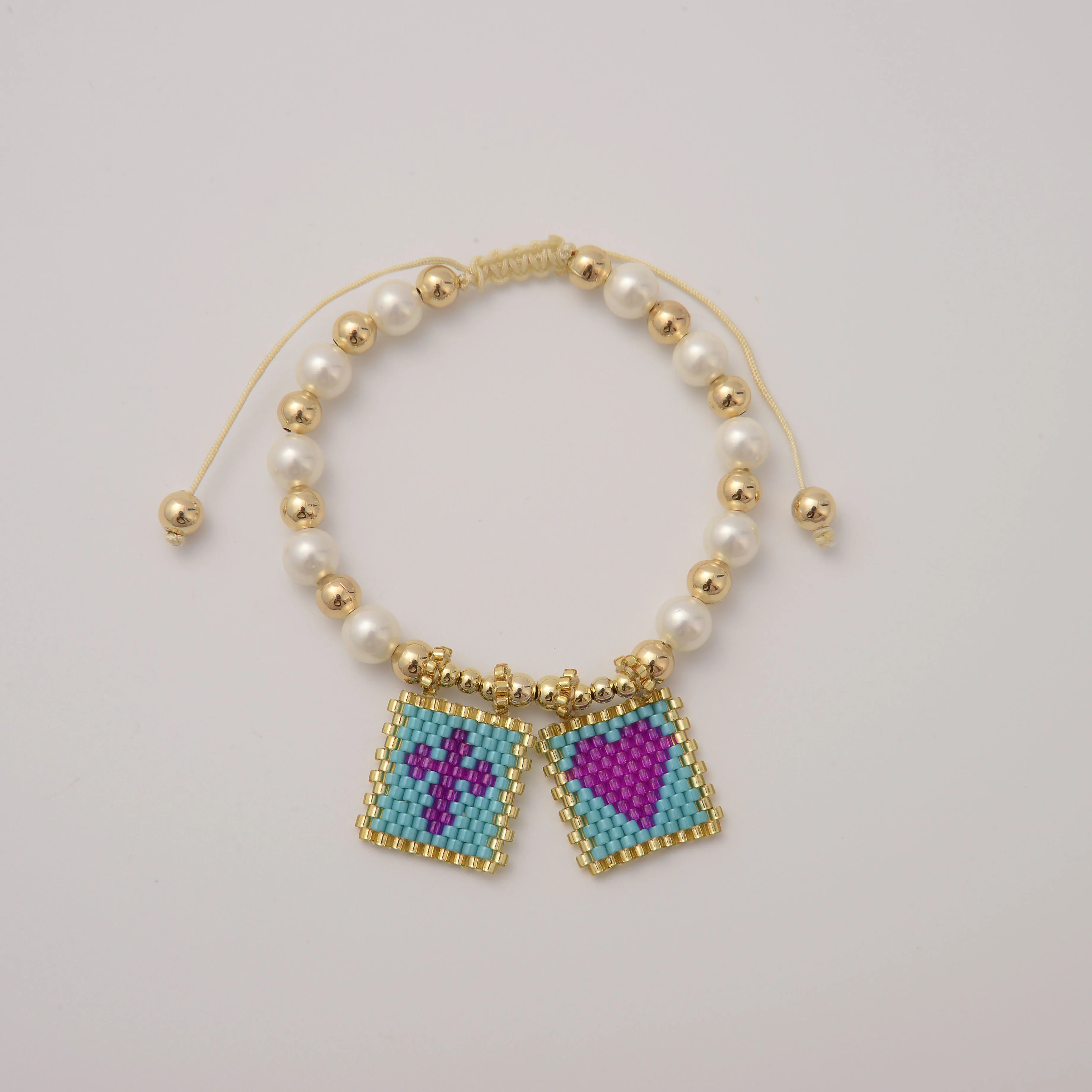 Handmade Shell Pearl Bracelet with Heart Cross Miyuki Beads, 24K Gold Plated Copper, Imitation Pearl