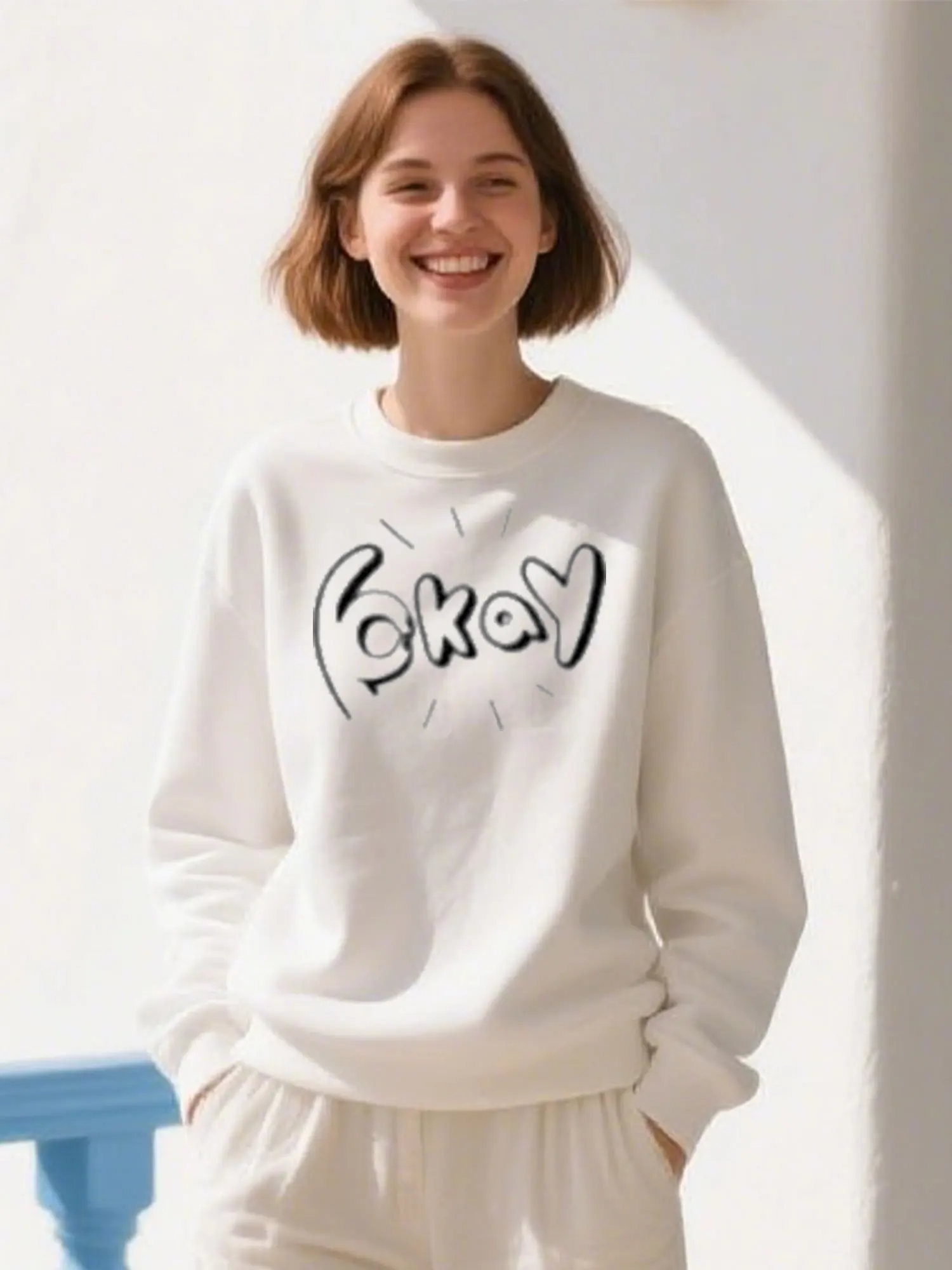 

Okay Print Soft Cotton Crewneck Sweatshirt, Unisex Casual Pullover For Christmas