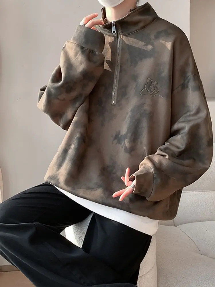 

Zip-Up Hoodie Men's Spring Autumn High Street Sle f Zipper Tie-Dye Stand Collar Casual Comfortable Loose Fit Youth Faion