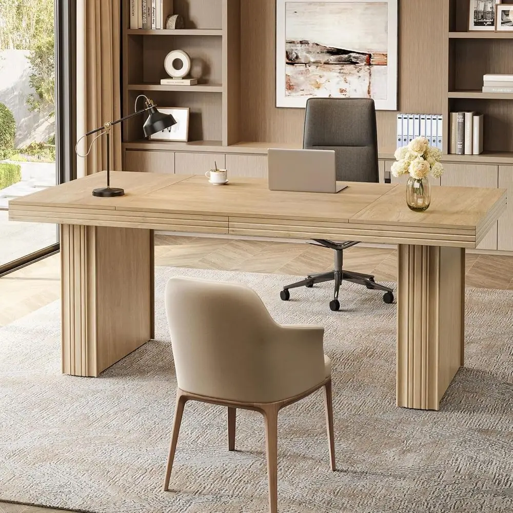 

Thick Desktop Executive Office Desk with Durable Legs, Natural Wood Workstation for Study and Conference