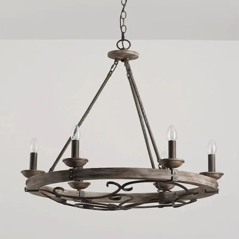 American retro industrial style wood wheel chandelier, living room, dining room lighting, bedroom villa lighting