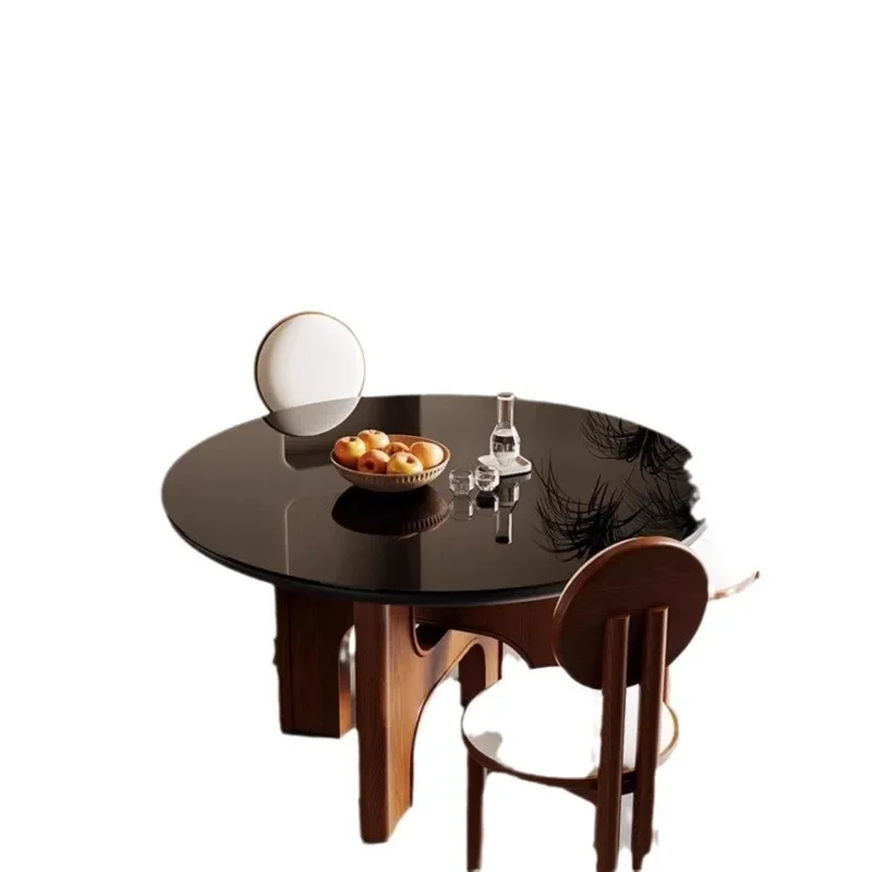 

Medieval tempered glass dining table and chairs household French retro walnut solid wood designer round dining table