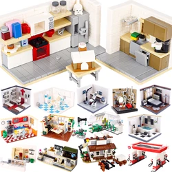 MOC City House Scene Building Blocks Street View Furniture Room Bathroom Kitchen Coffee Shop Pizza Oven Accessories Bricks Toys