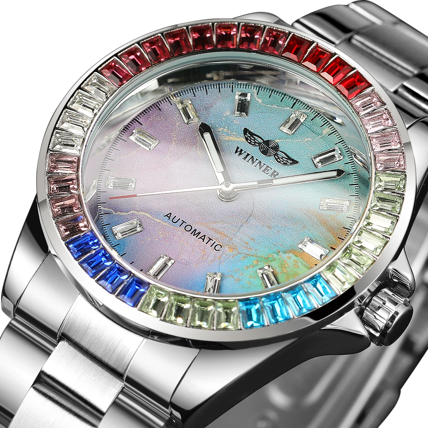 WINNER Fashion Iced Out Mechanical Watch for Men Luminous Hands Stainless Steel Strap Top Brand Luxury Automatic Watches New