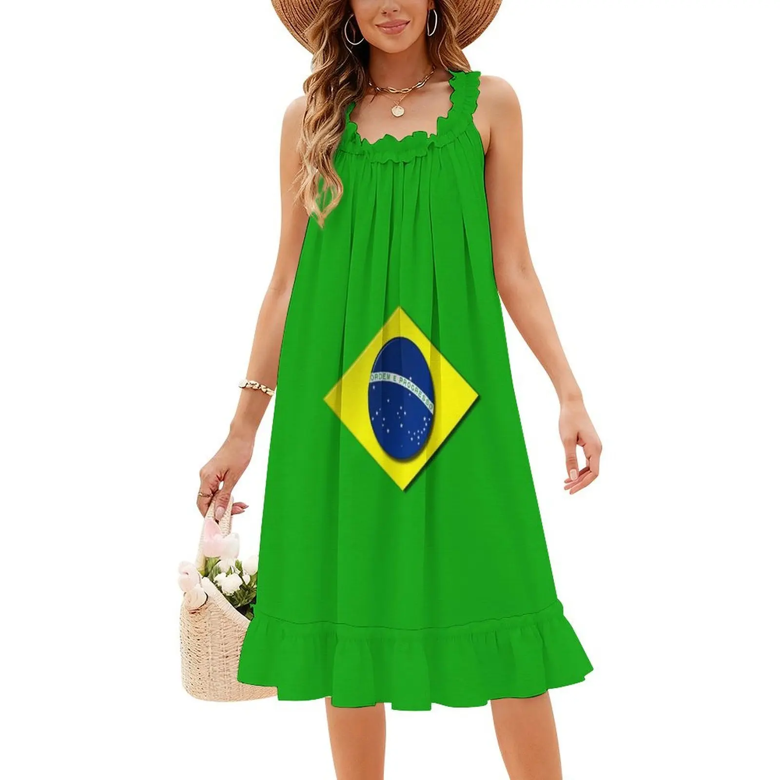 Emblema da bandeira brasileira vestido de festa elegante feminino vestido linha a com opções curtas/longas/sem mangas emblema da bandeira brasileira do brasil
