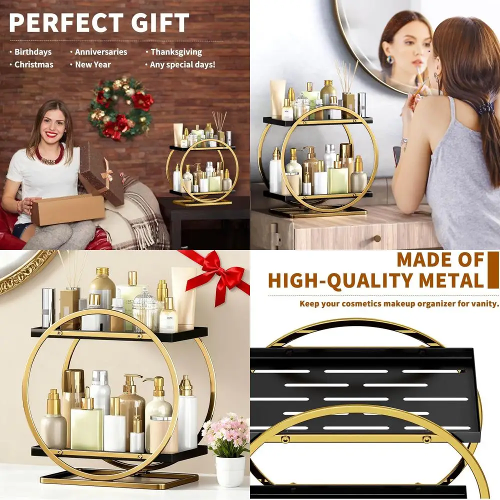

Elegant Black & Gold Vanity Organizer: 2-Tier Cosmetic & Perfume Holder for Bathroom Counter