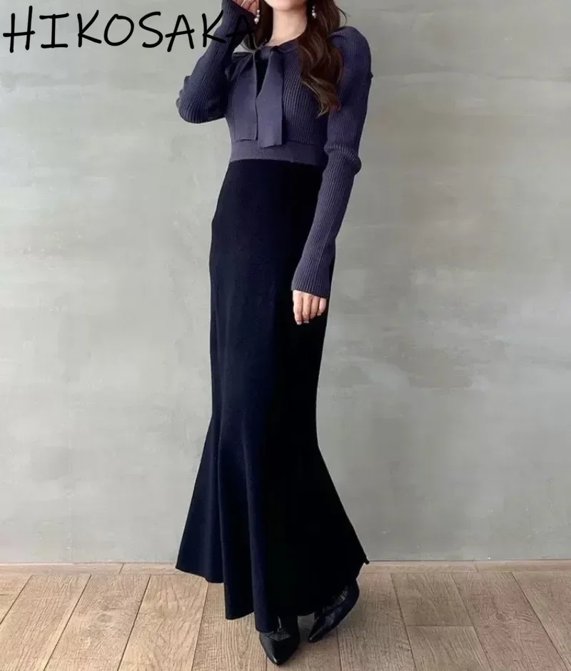 

Винтажное облегающее платье с высокой талией «рыбий хвост» Vestidos с круглым вырезом и бантом на шнуровке, вязаное лоскутное платье для женщин, весна 2024, новые элегантные халаты
