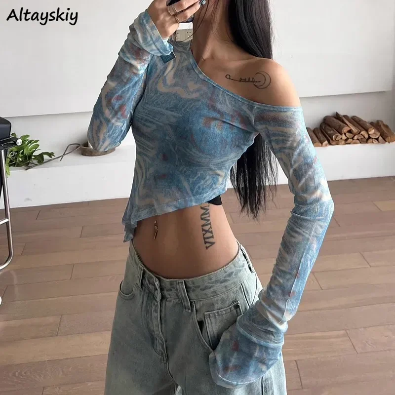 

Vintage T-Shirts Women Oblique Shoulder American Sexy Spicy Girls Long Sleeve Asymmetrical Design Hipster Hip-hop Tops Summer