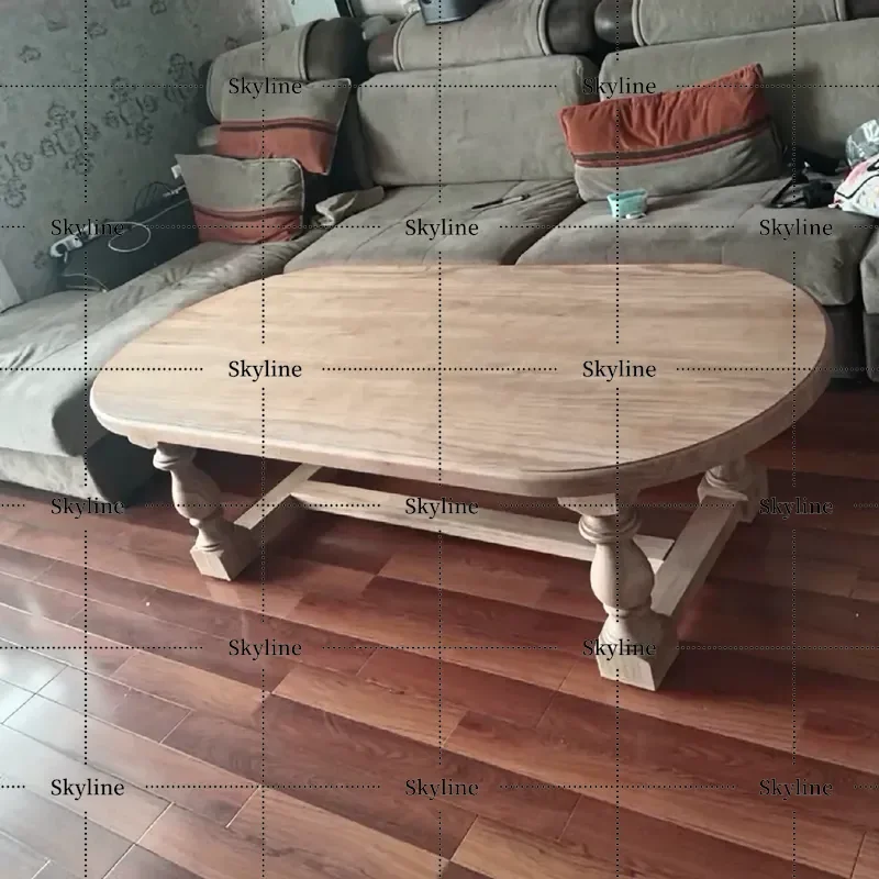 American Rural Oval Solid Wood Coffee Table French Retro Old Log Color Small Living Room Household Apartment Side Table