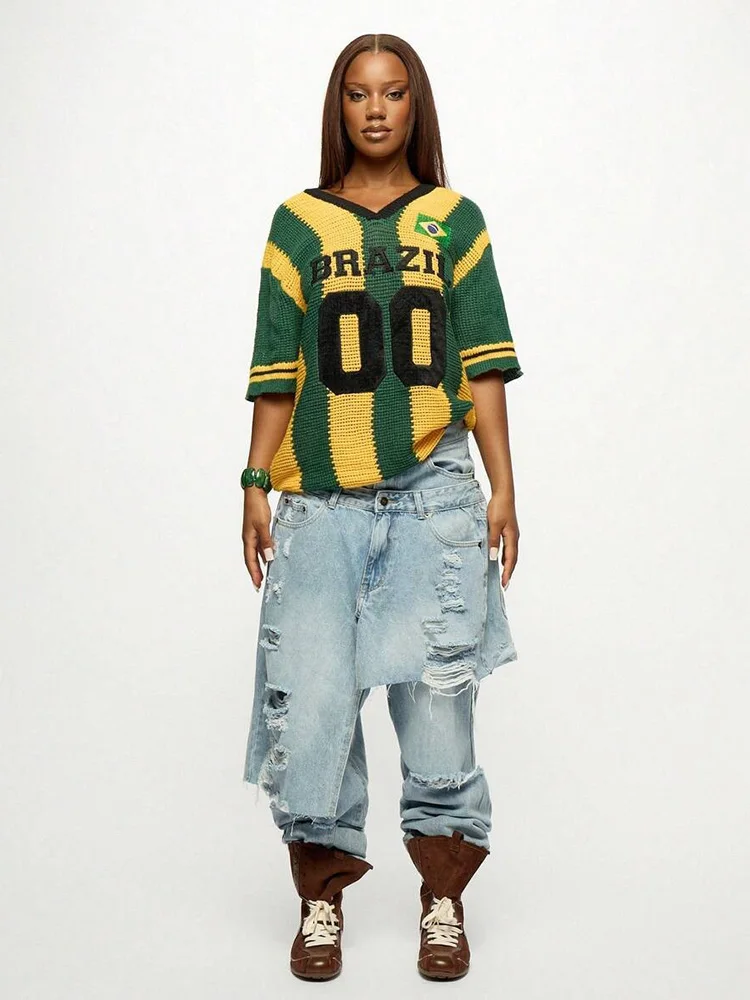 2026 Autumn Winter Women Vintage Brazil Flag Soccer Jersey Knit Sweater V Neck Short Sleeve Striped  Oversized Streetwear Top