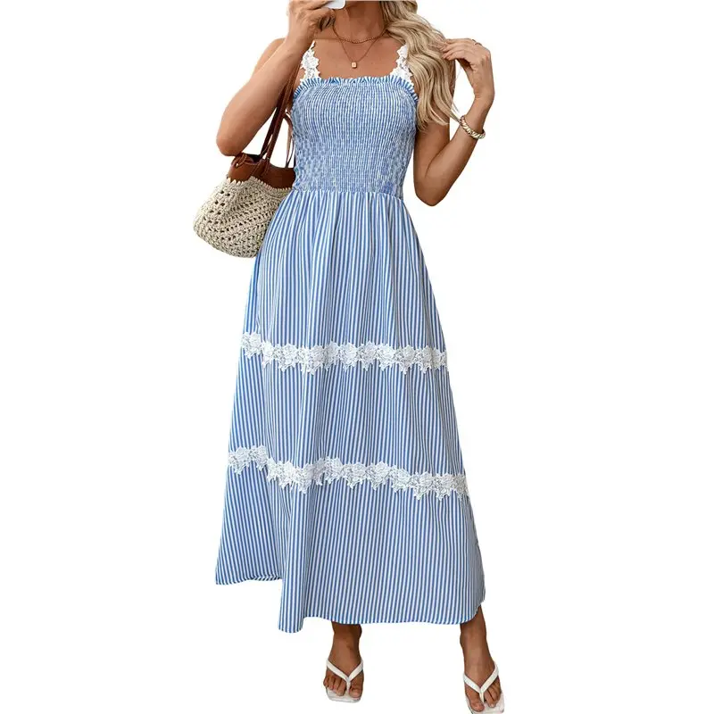 

CYL-Women Striped Dress Sleeveless Ruffle Trim Square Neck Backless Smocked Beach Y2K Dresses