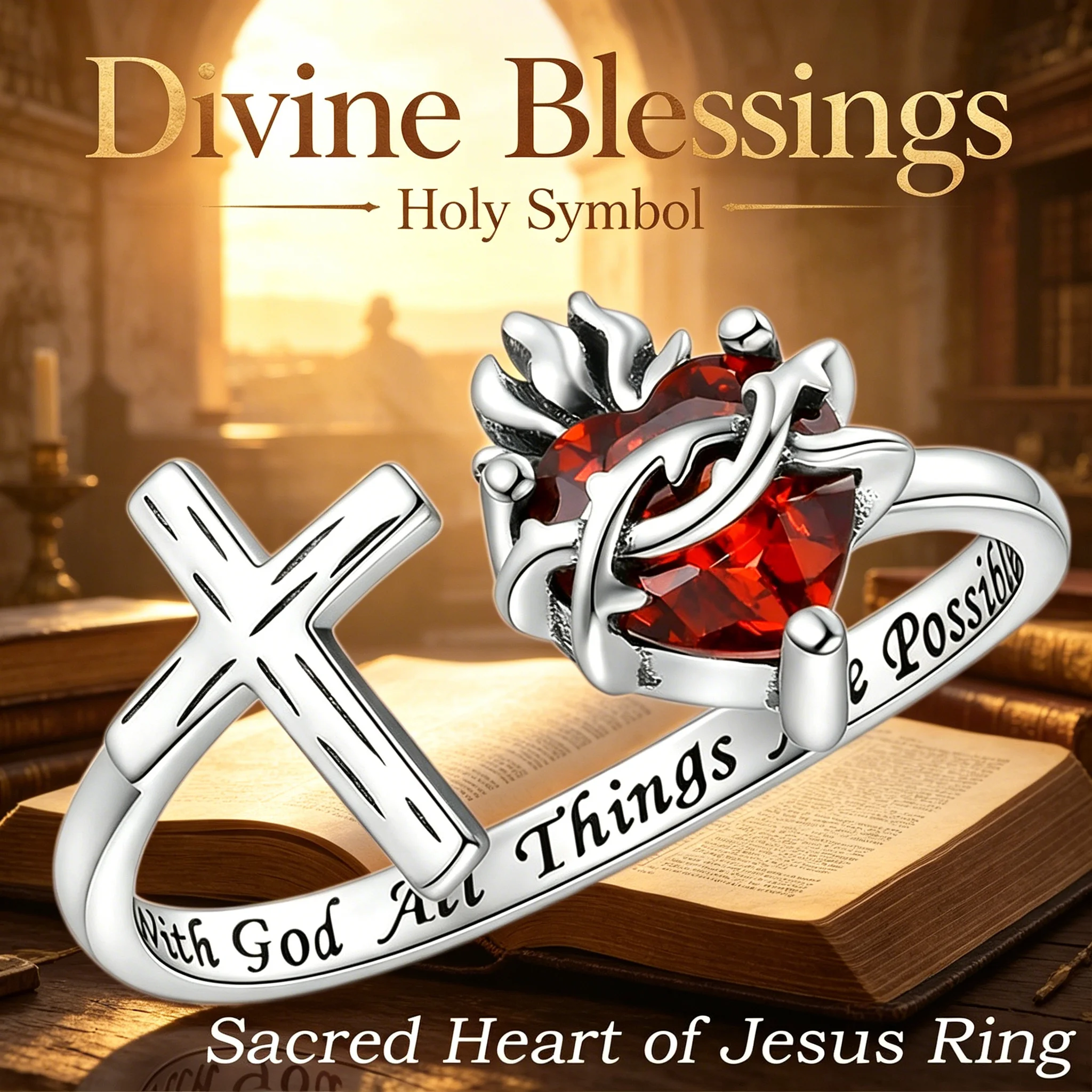 Silvery Zinc Alloy Sacred Heart of Jesus Open Ring Red Faux Crystal Cross Christian Religious Jewelry for Men Women Faith Gift