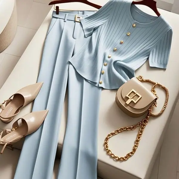 جديد الراقية موضة 2 قطعة مجموعة للمرأة أنيقة س الرقبة قصيرة الأكمام سترة مشغولة من الصوف أعلى + عالية الخصر مستقيم السراويل دعوى