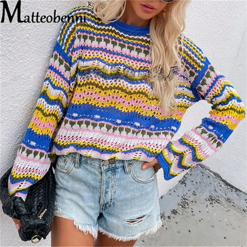 Autumn Winter Women Patchwork loose Inter-Color Rainbow O Neck Striped Print Sweater Ladies Fashion Casual knitting Sweater