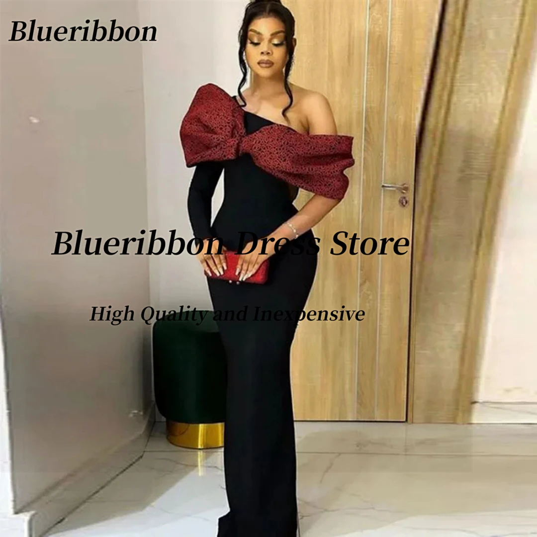 

Blueribbon Customized Black Mermaid Prom Dresses One Shoulder Long Sleeve Evening Party Dress with Shawls Wedding Guests Wear