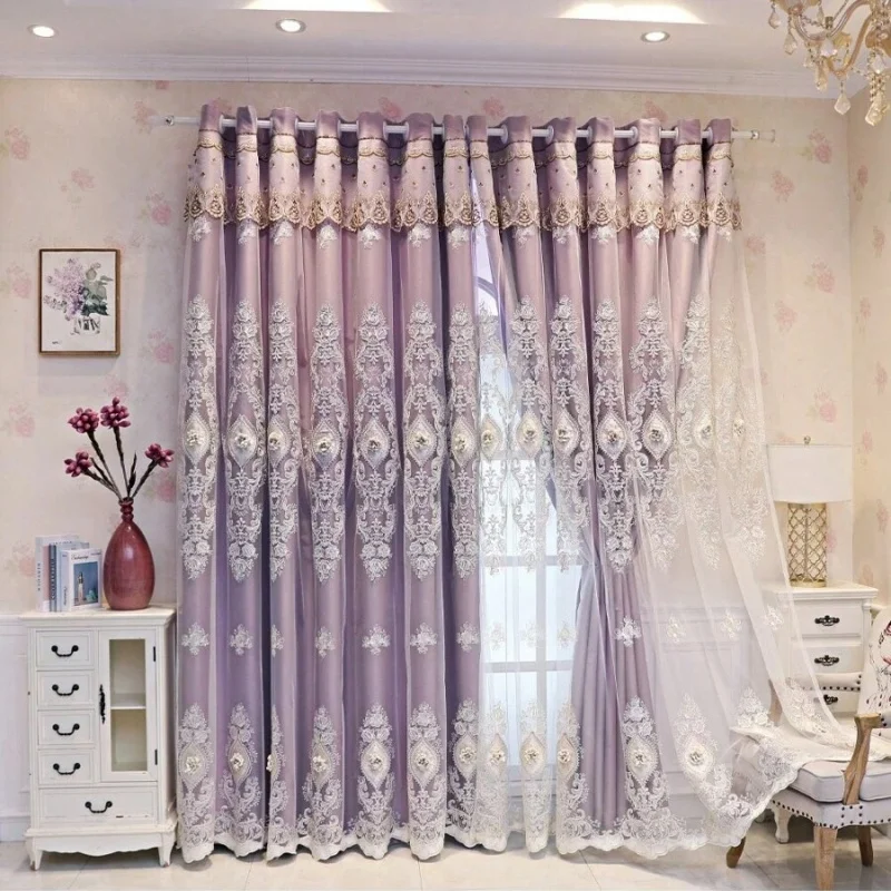 1 Piece Of European-Style Blackout Double-Layer Curtain, 3D Relief Embroidered Flower Yarn, Suitable For Bedrooms, Living Rooms