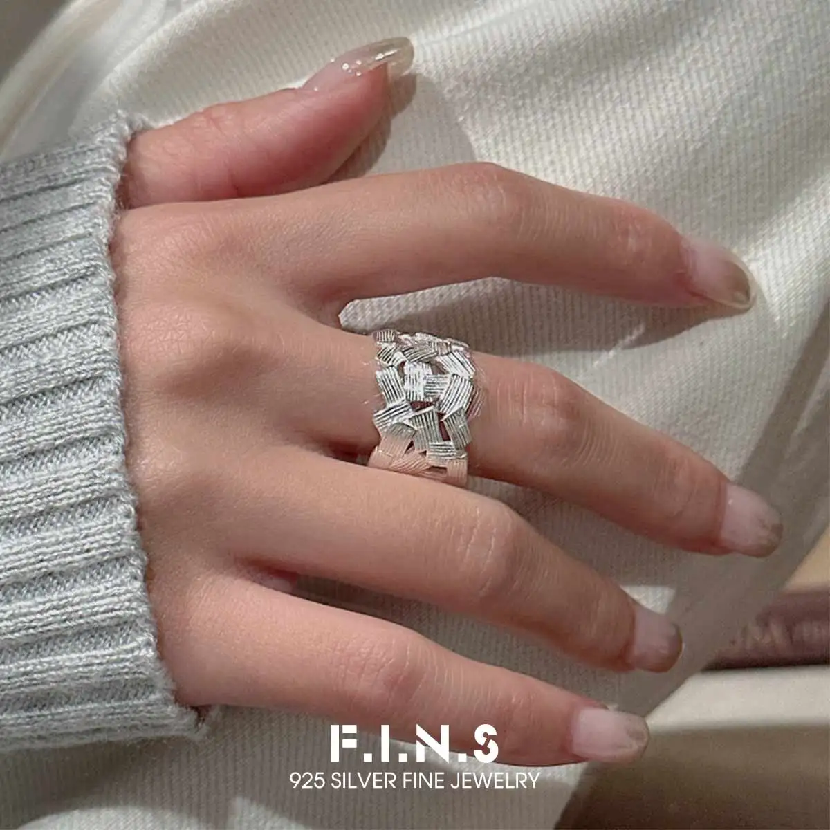 

F.I.N.S Original S925 Sterling Silver Matte Irregular Line Ring Minimalist Open Wide Finger Cuff Handmade Party Fine Jewelry
