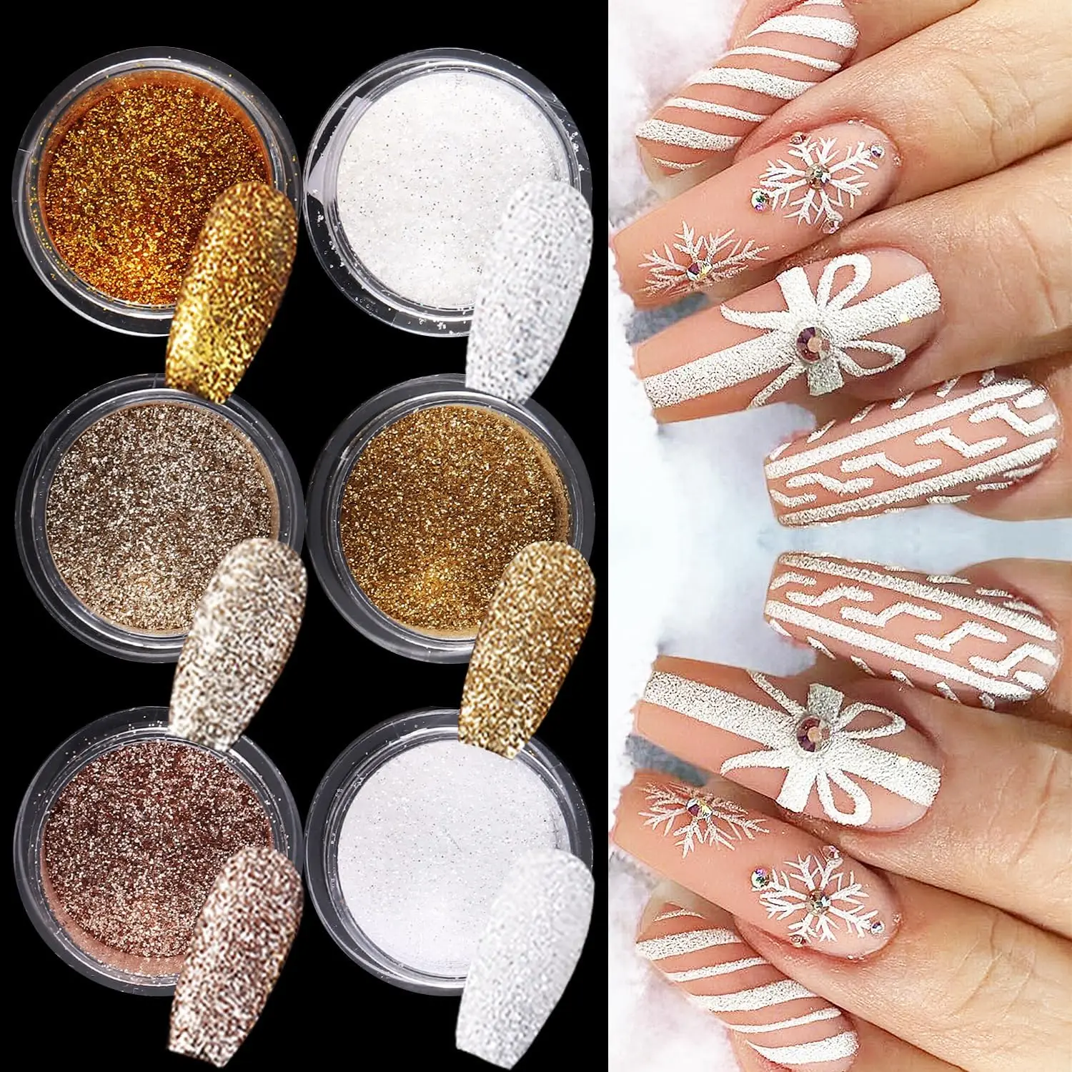 6 Colors Nail Glitter Set, White Gold Sugar Nail Glitter Candy Coat Powder, Sparkle  Sweater Design Manicure Decor
