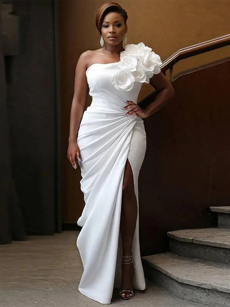 Simple One Shoulder Mermaid Wedding Dresses for Women Side Slit Flowers Pleat Floor Length Bridal Gown Modern vestido de novia